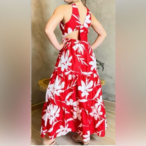 The MIA Maxi Dress tie back halter Neck Tropical print Red/white Sz Small - Picture 2 of 8